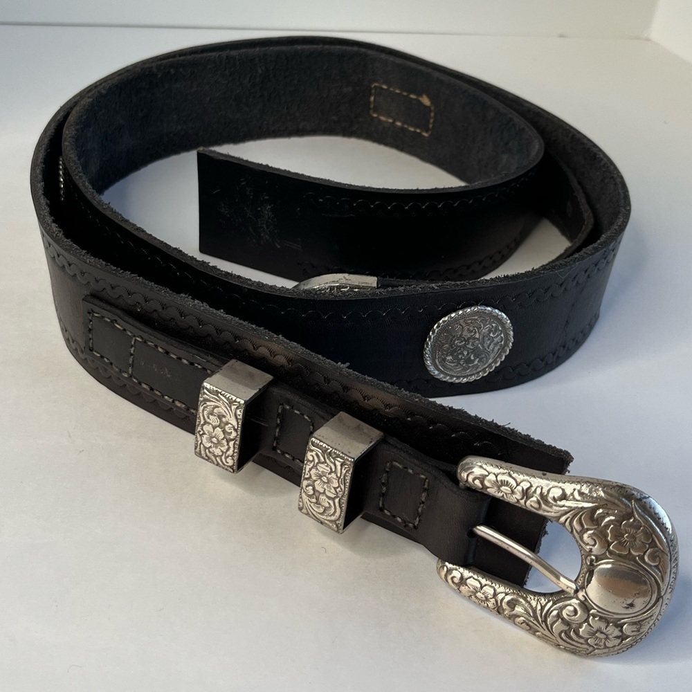 Handmade Black Tooled Leather Silver Concho Belt W53 (49-56") Western Wide
